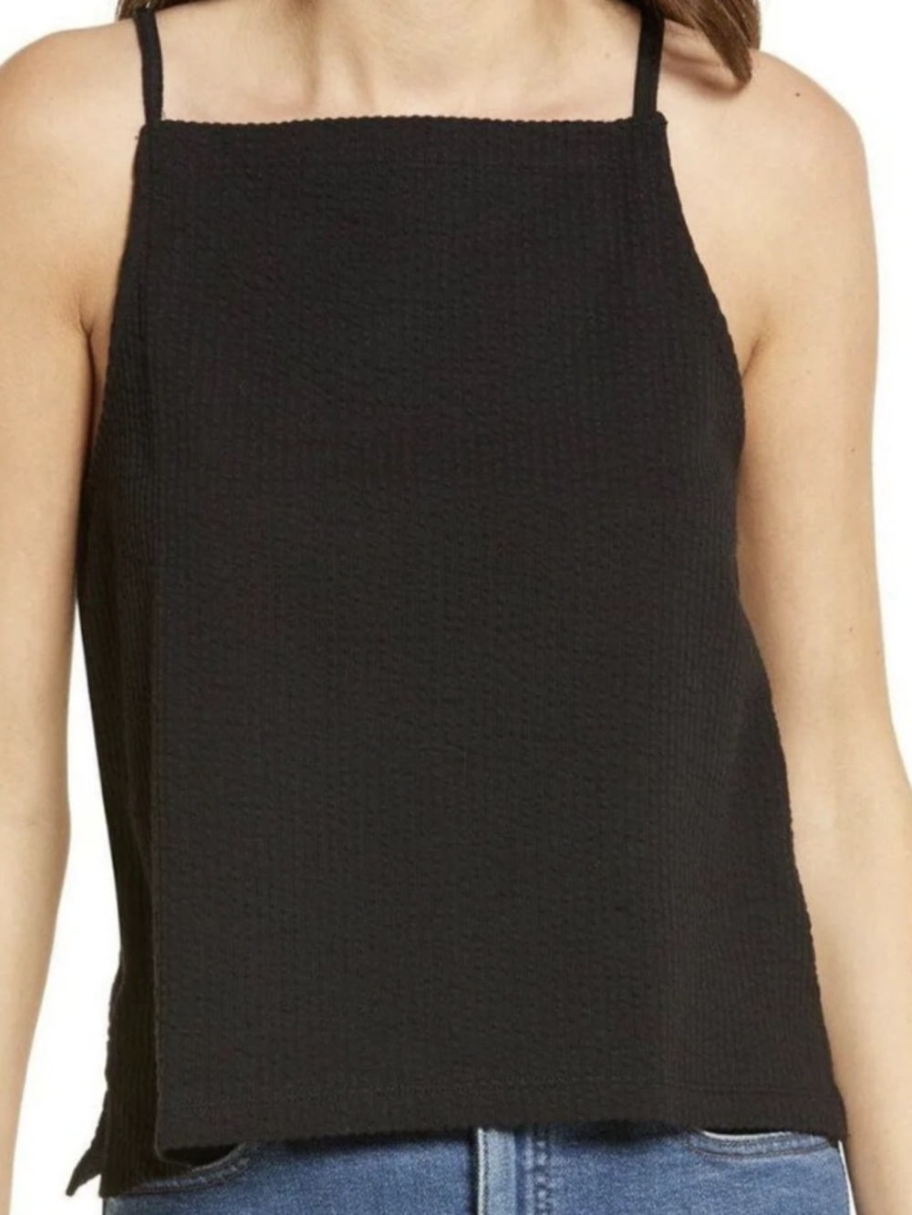 Madewell Women’s Black Square-Neck Seersucker Apron Tank S 90’s Fall Minimalist